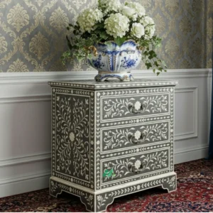Bone Inlay Grey Bedside Table with Three Drawer