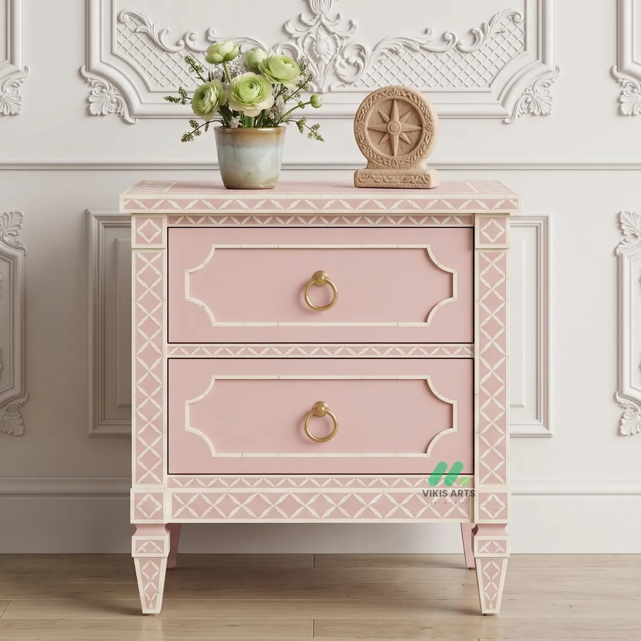 Bone Inlay Baby Pink Two Drawer Bedside