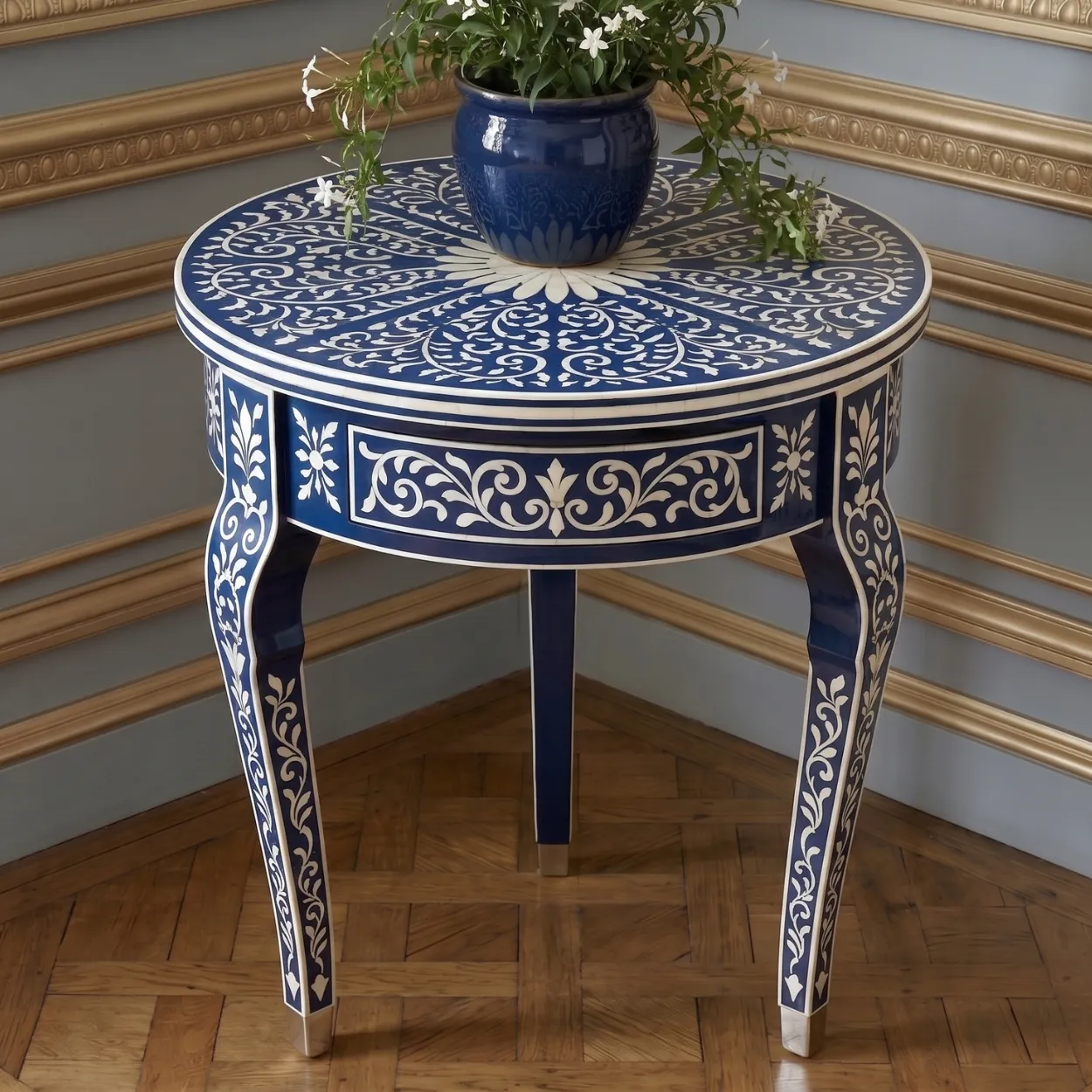 Bone Inlay Blue Round Bedside Table with One Drawer - Image 4