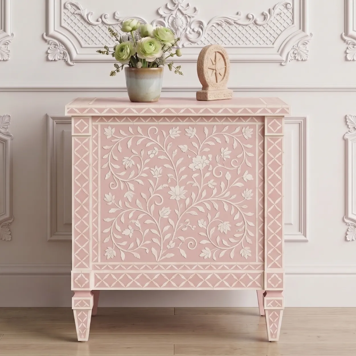 Bone Inlay Baby Pink Two Drawer Bedside - Image 4
