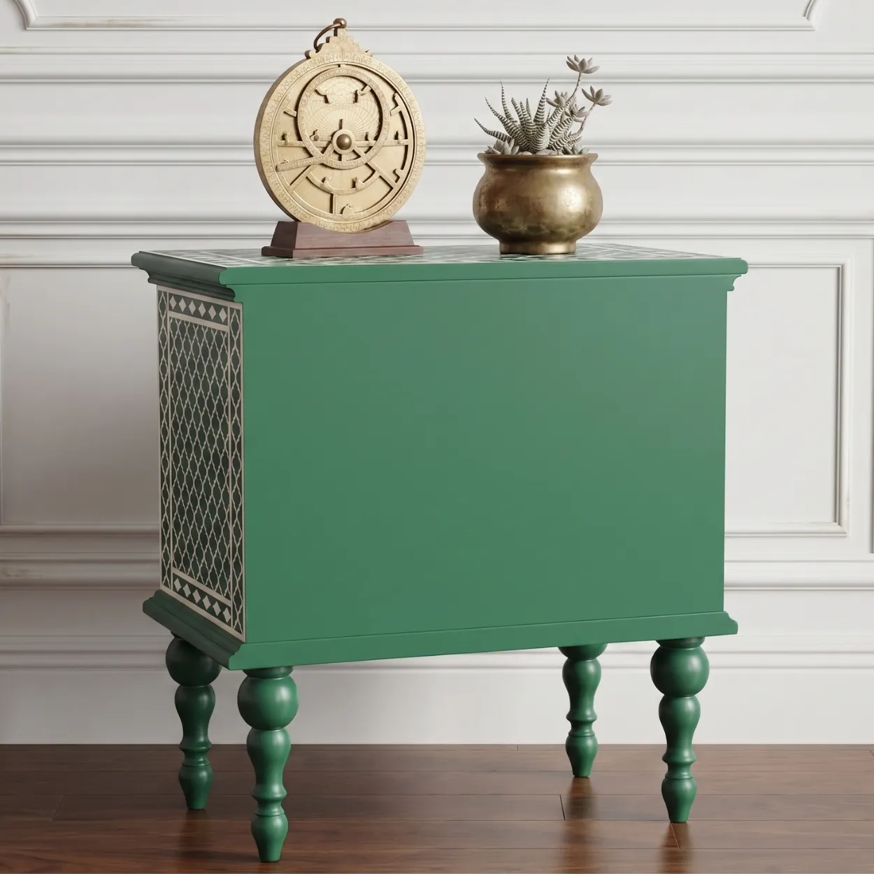 Bone Inlay Green bedside Side table with two Drawer - Image 2
