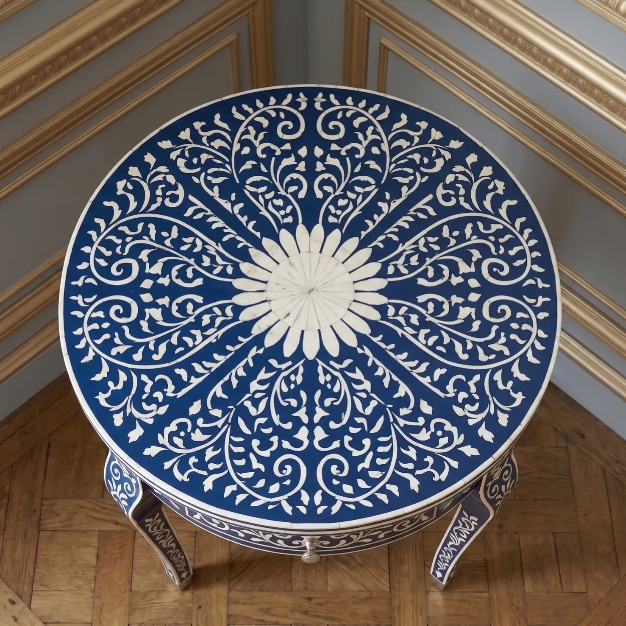 Bone Inlay Blue Round Bedside Table with One Drawer - Image 3