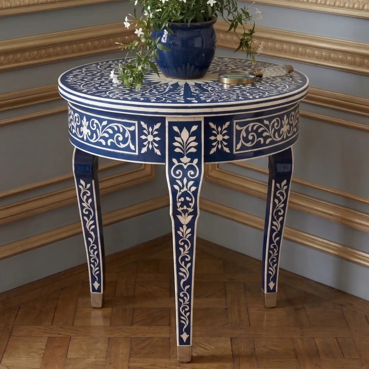 Bone Inlay Blue Round Bedside Table with One Drawer - Image 2