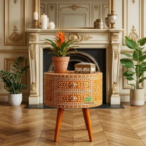 Bone Inlay Orange Round Bedside Table with Two Drawer
