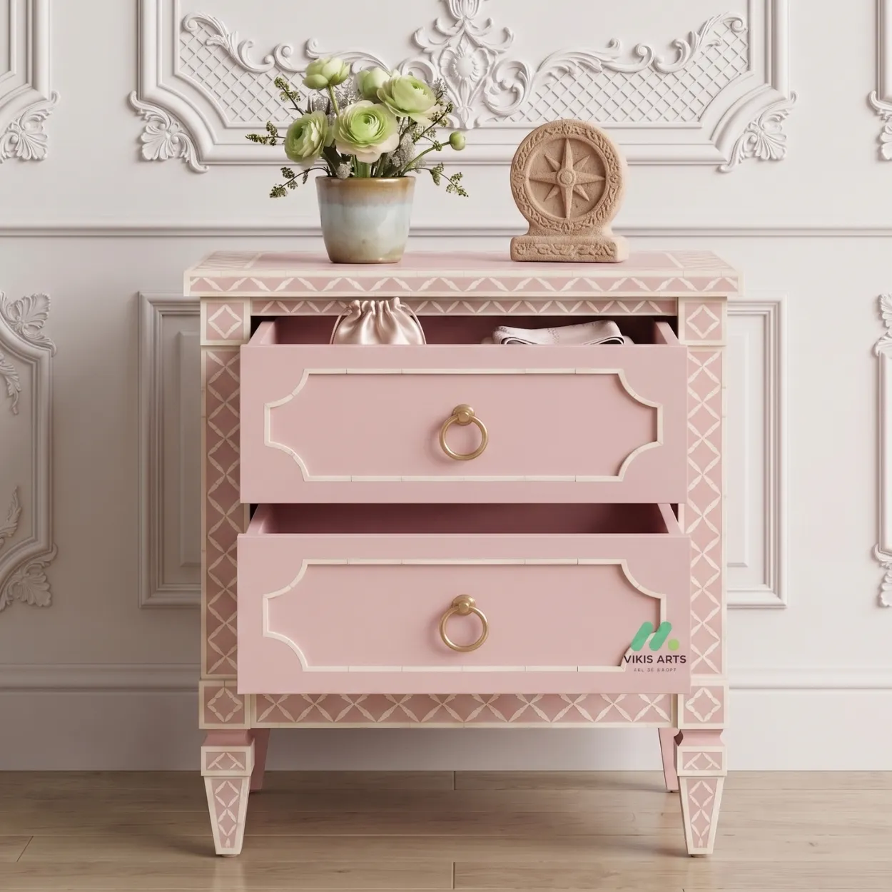 Bone Inlay Baby Pink Two Drawer Bedside - Image 5