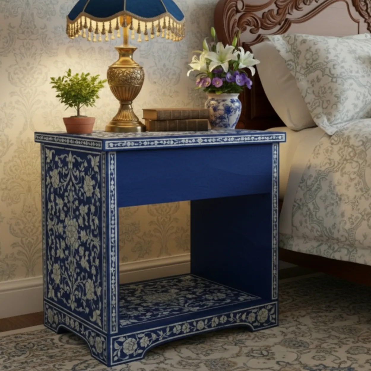 Mother of Pearl navy Blue bedside Table - Image 4