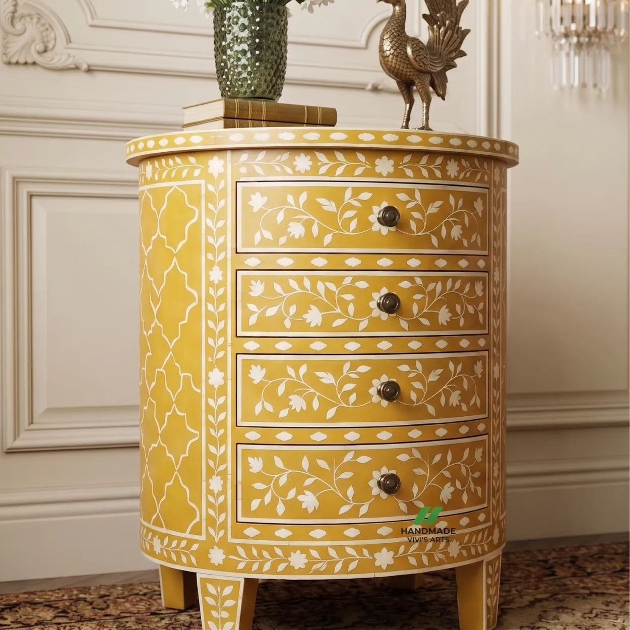 Bone Inlay Round Four Drawer bedside Table - Image 5