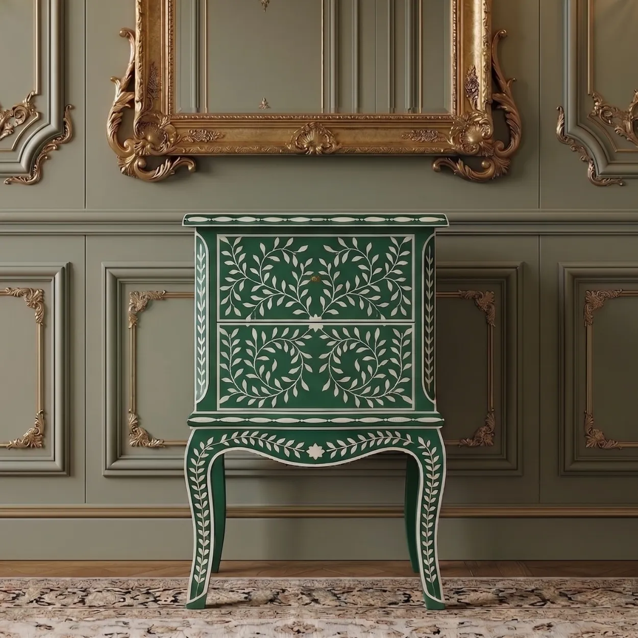Bone Inlay Green Bedside table with Two Drawer - Image 4