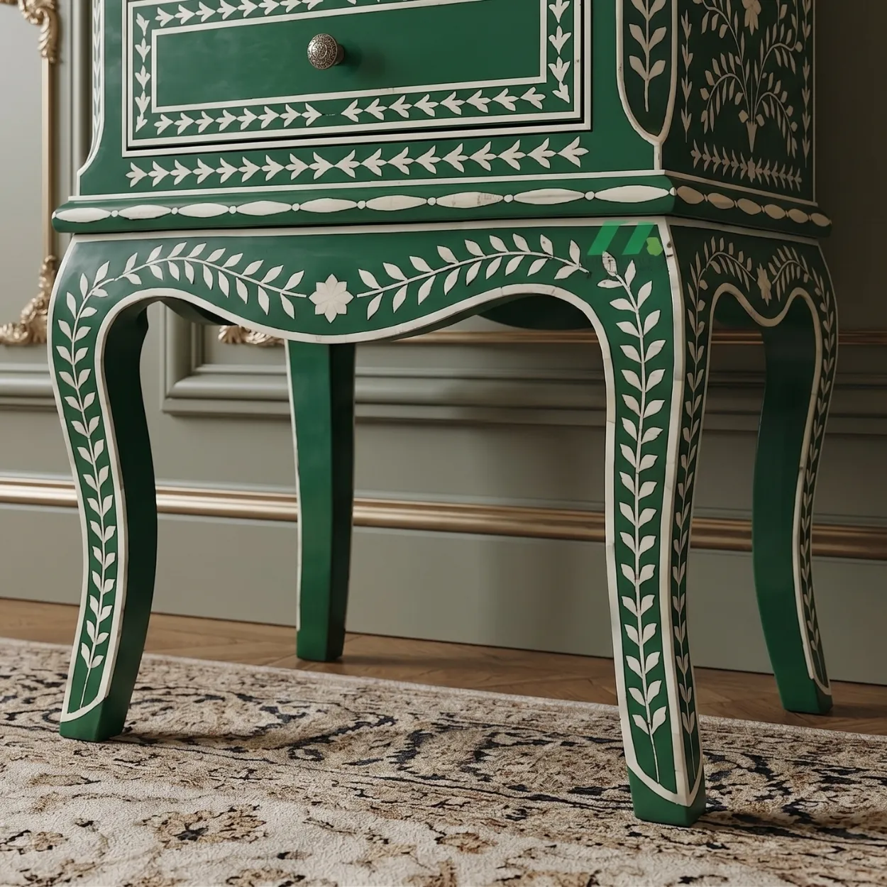 Bone Inlay Green Bedside table with Two Drawer - Image 6