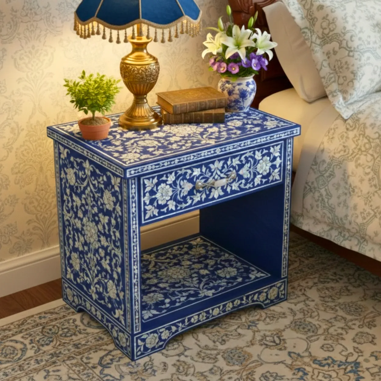 Mother of Pearl navy Blue bedside Table - Image 2