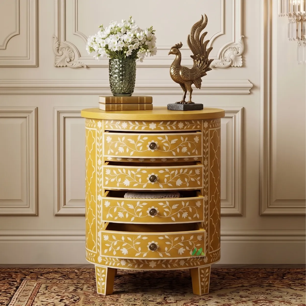 Bone Inlay Round Four Drawer bedside Table - Image 4