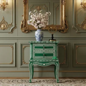 Bone Inlay Green Bedside table with Two Drawer