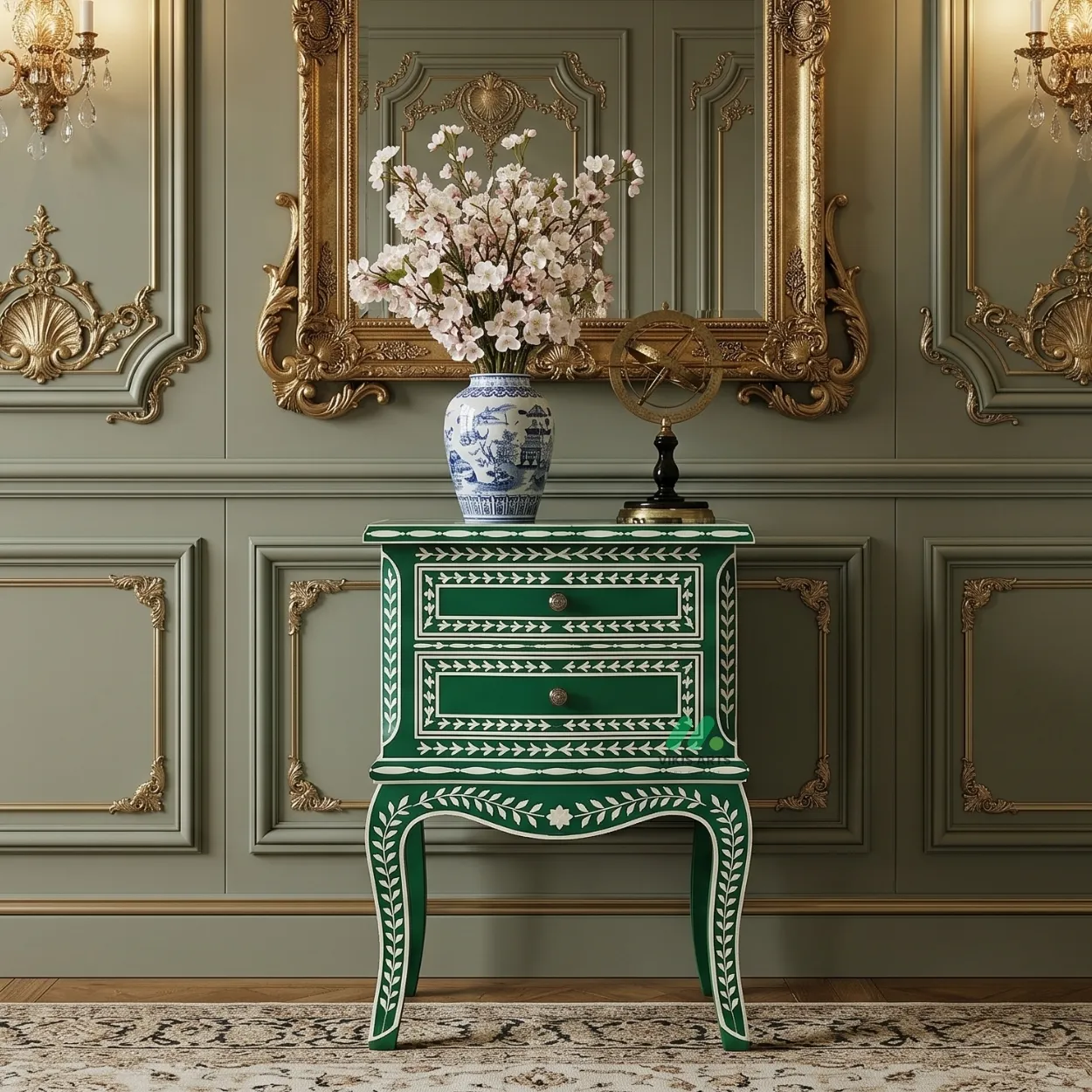 Bone Inlay Green Bedside table with Two Drawer