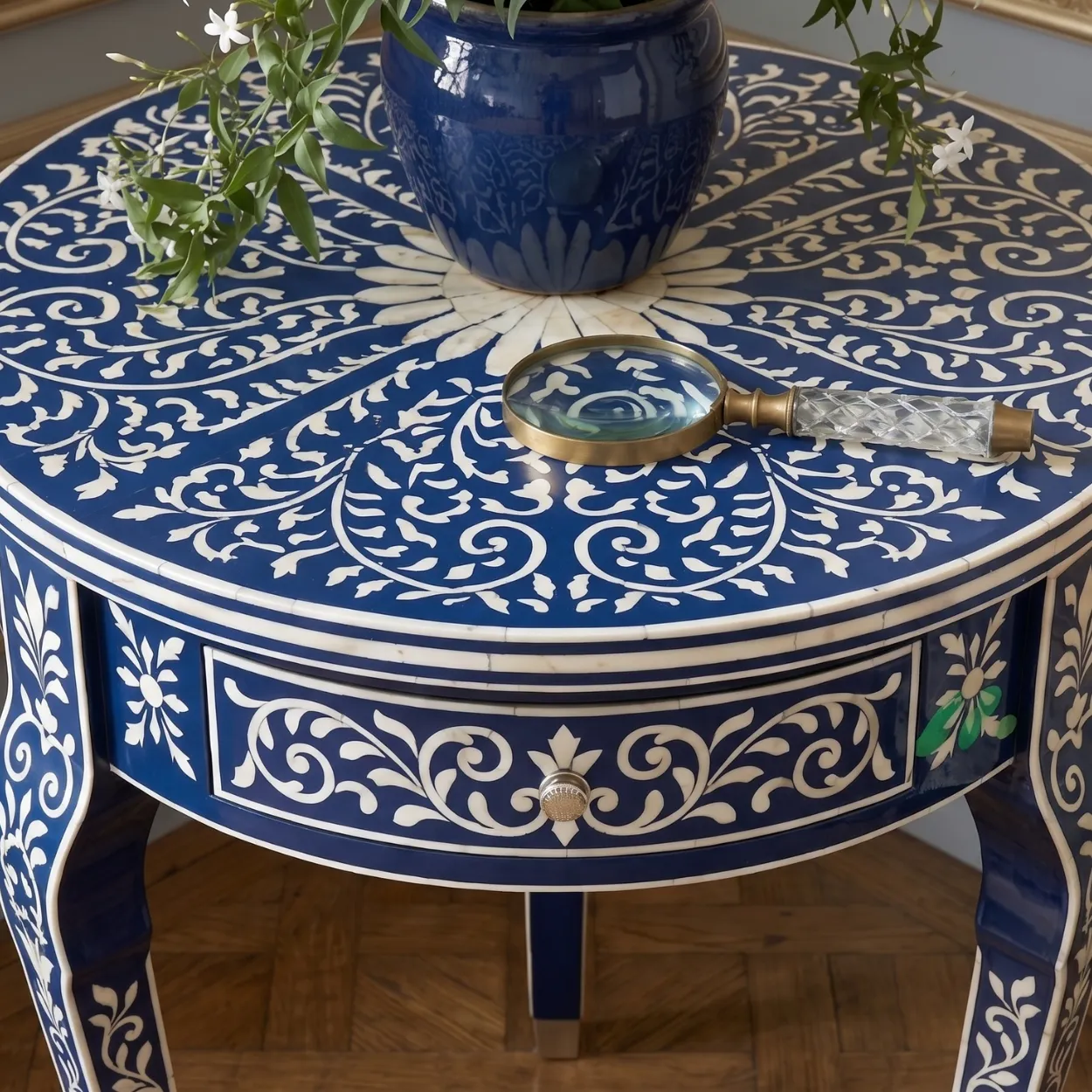 Bone Inlay Blue Round Bedside Table with One Drawer - Image 6