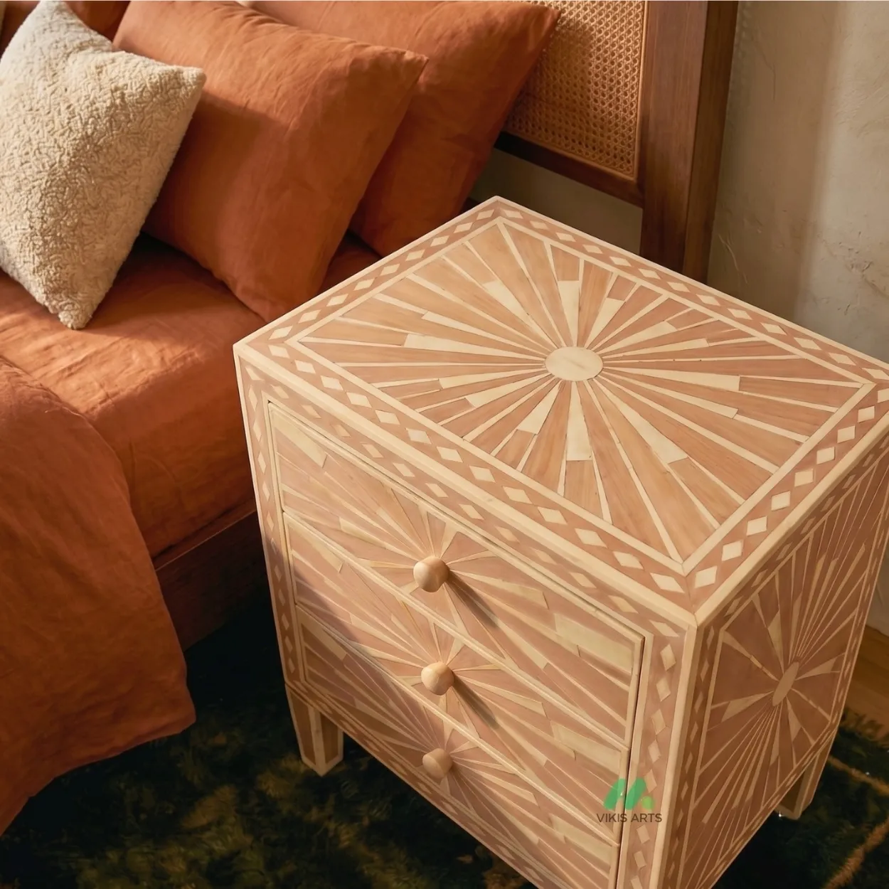 Bone Inlay Blush Pink Three Drawer Bedside - Image 3