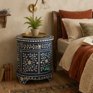 Bone Inlay Navy Blue Round Bedside Cabinet