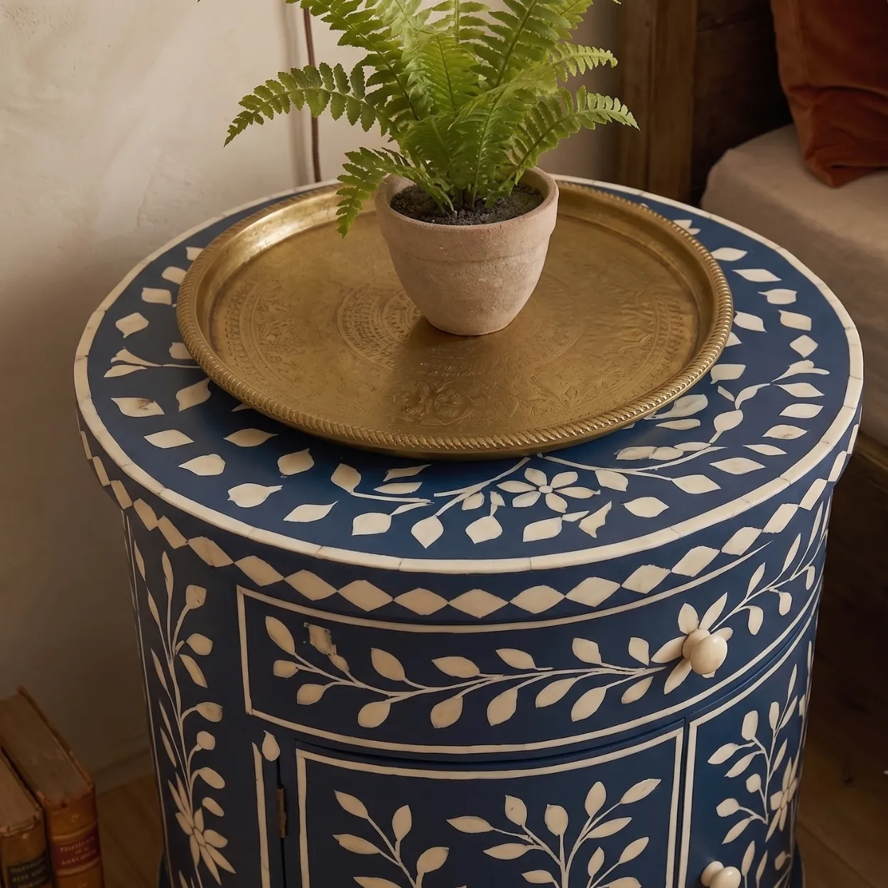 Bone Inlay Navy Blue Round Bedside Cabinet - Image 2