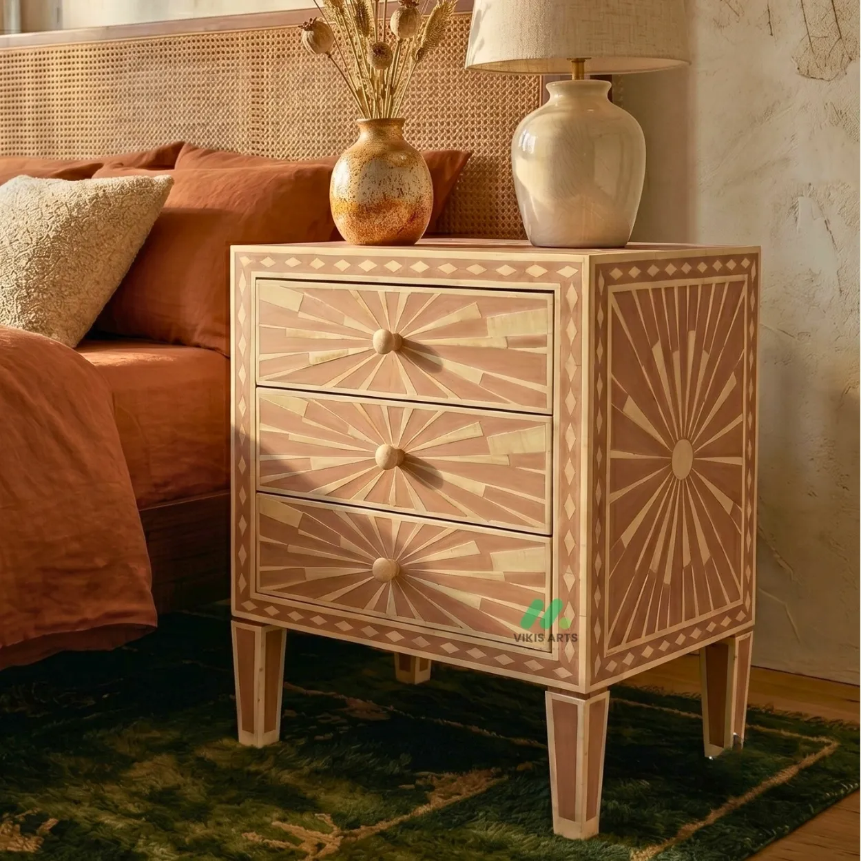 Bone Inlay Blush Pink Three Drawer Bedside