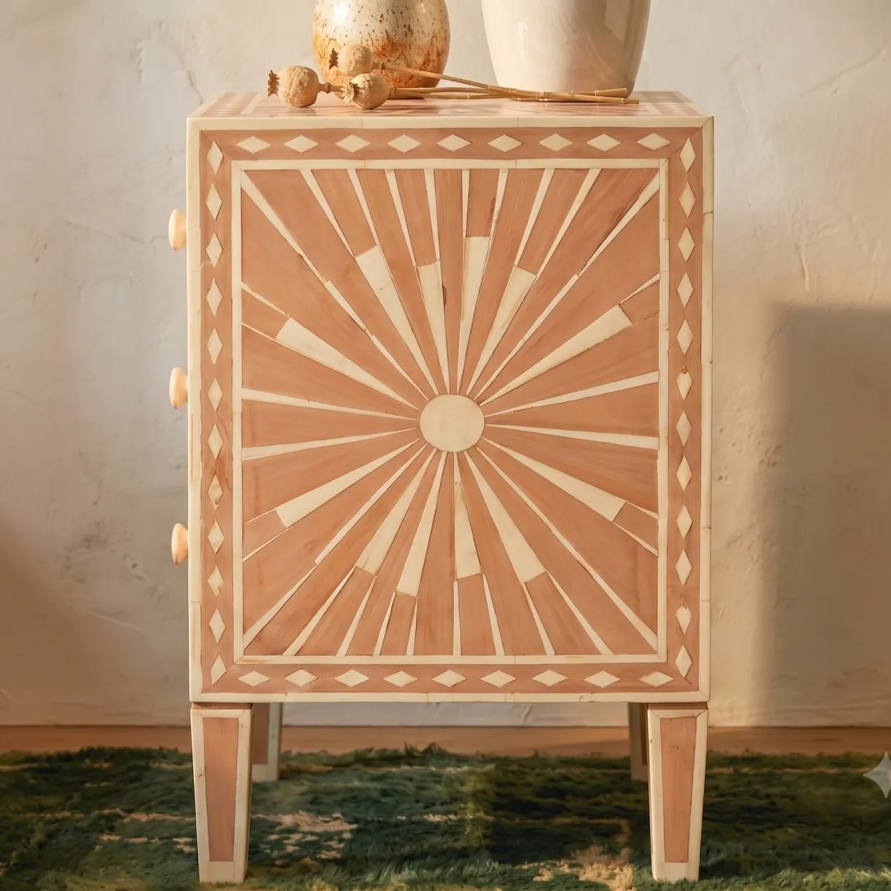 Bone Inlay Blush Pink Three Drawer Bedside - Image 4