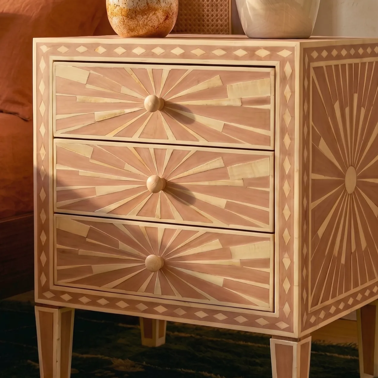 Bone Inlay Blush Pink Three Drawer Bedside - Image 6