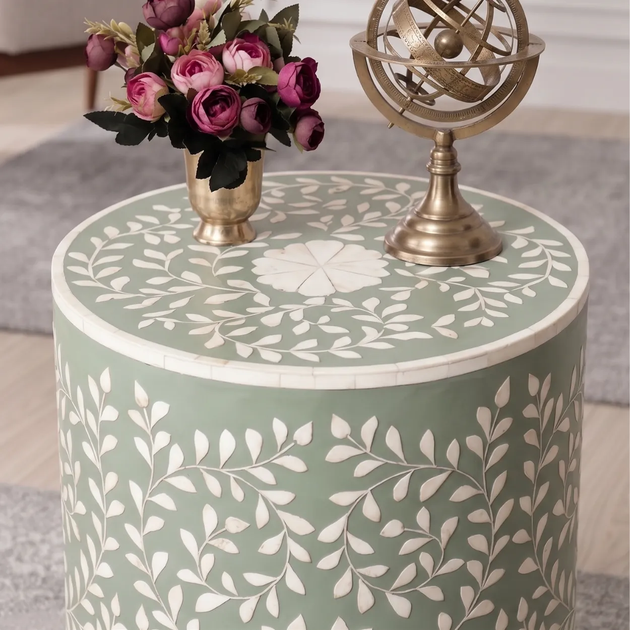 Bone Inlay Light Green Round Side Table - Image 2