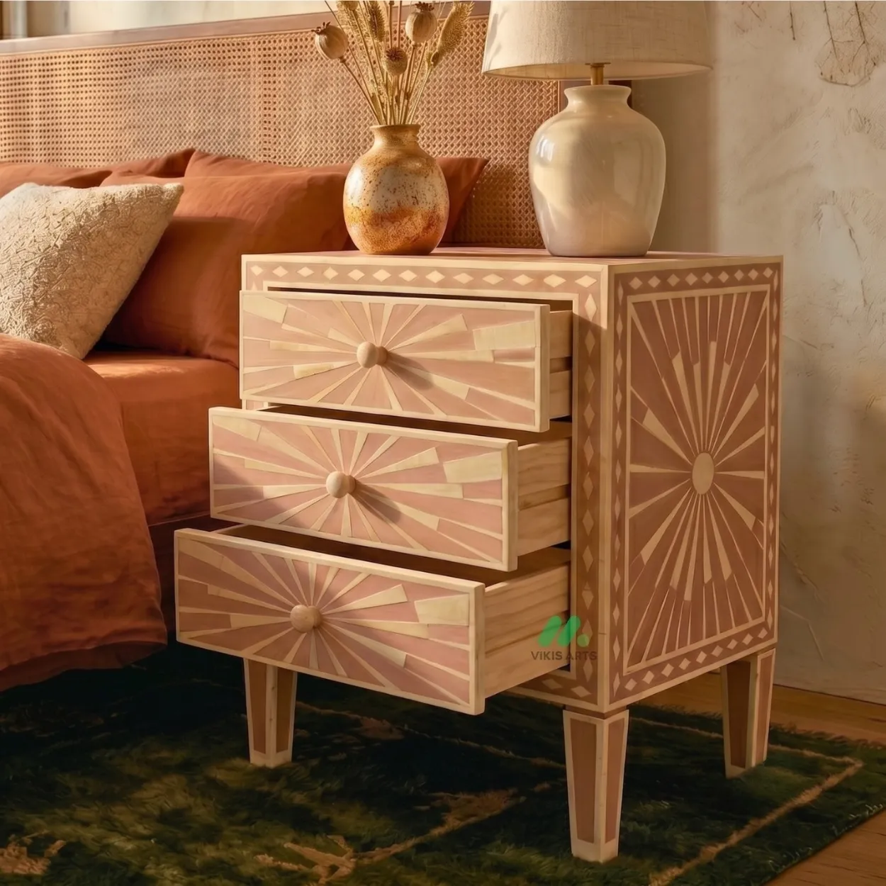 Bone Inlay Blush Pink Three Drawer Bedside - Image 5