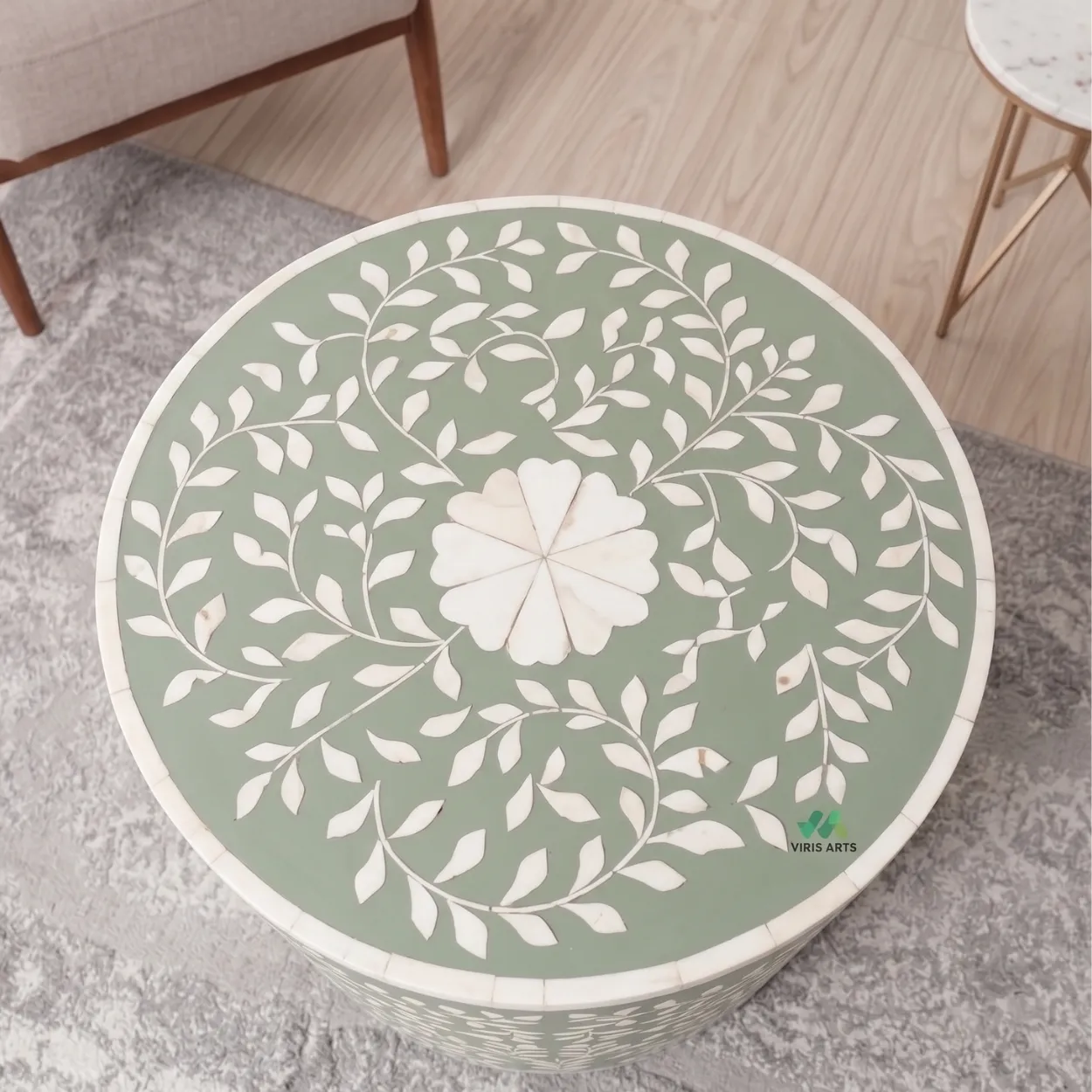Bone Inlay Light Green Round Side Table - Image 3
