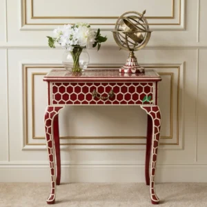 Bone Inlay Red Side Table with One Drawer