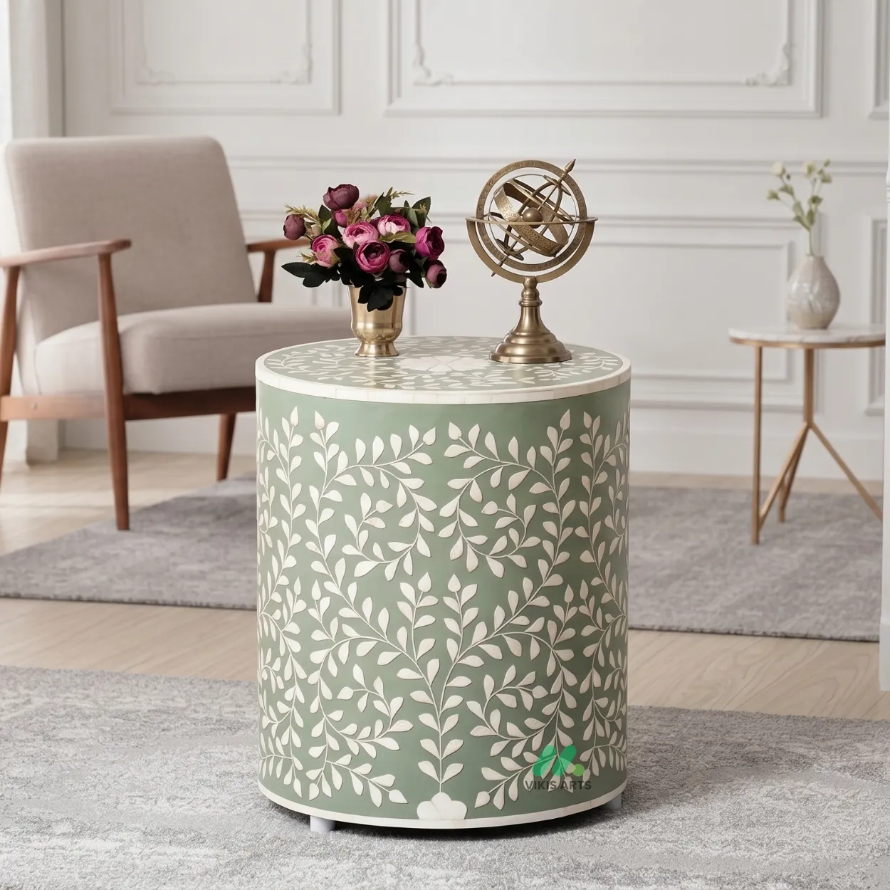 Bone Inlay Light Green Round Side Table