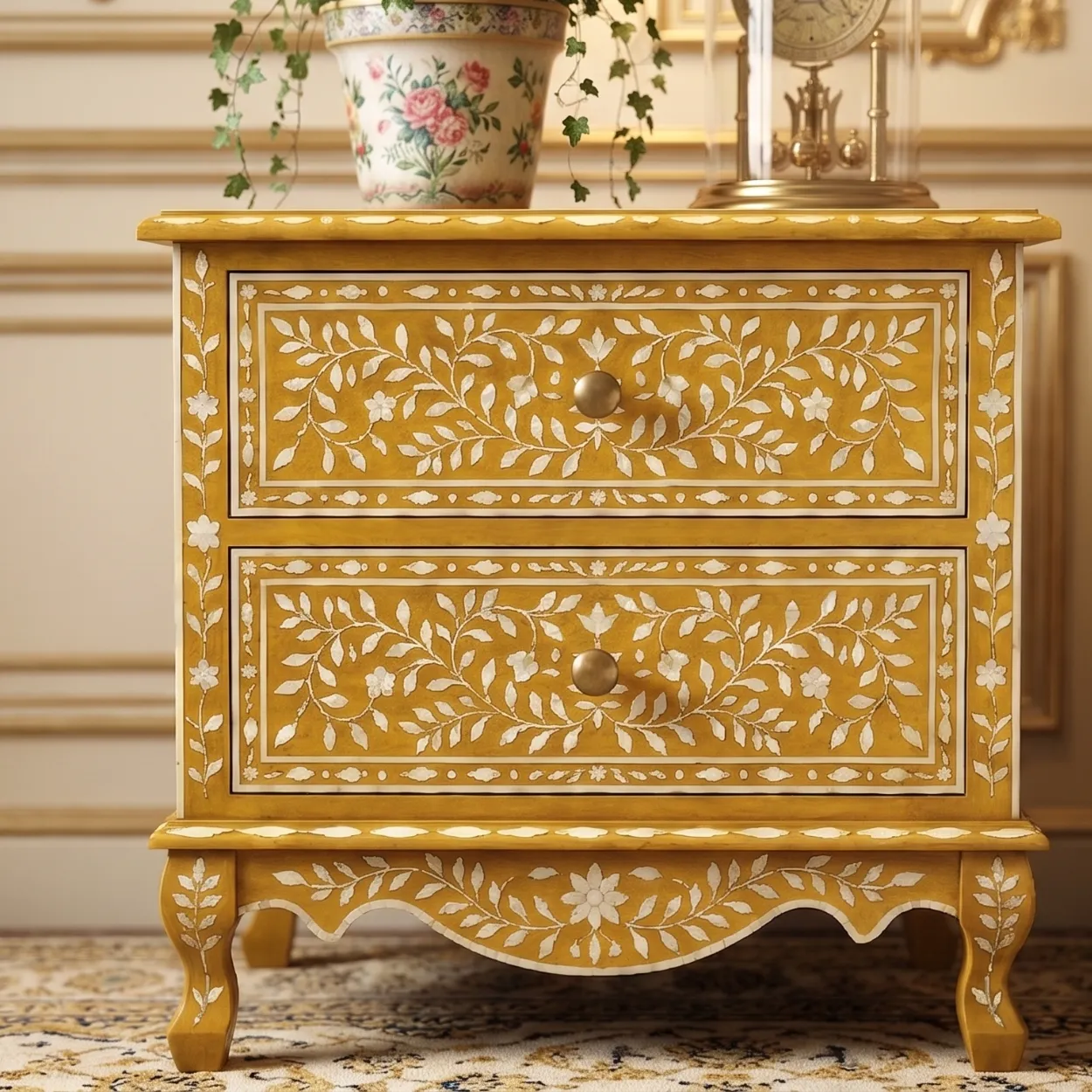 Bone Inlay Yellow Bedside Table - Image 4