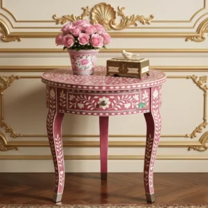 Bone Inlay Pink Round Bedside Table