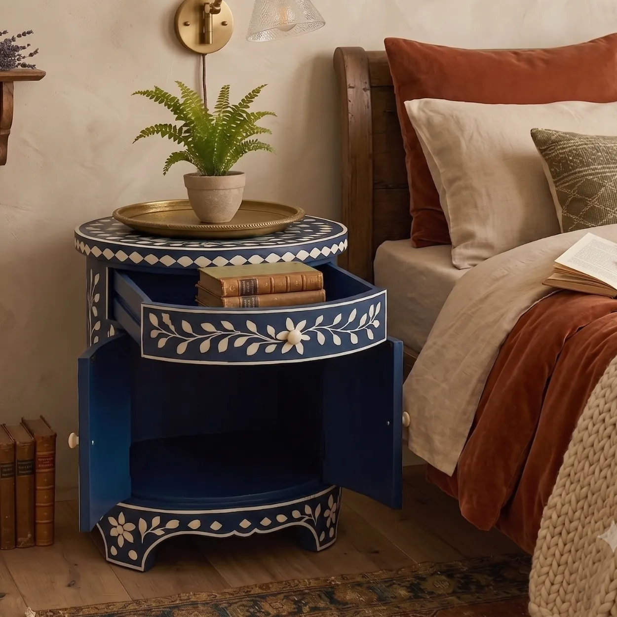 Bone Inlay Navy Blue Round Bedside Cabinet - Image 5
