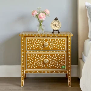 Bone Inlay yellow bedside Table with Two Drawer