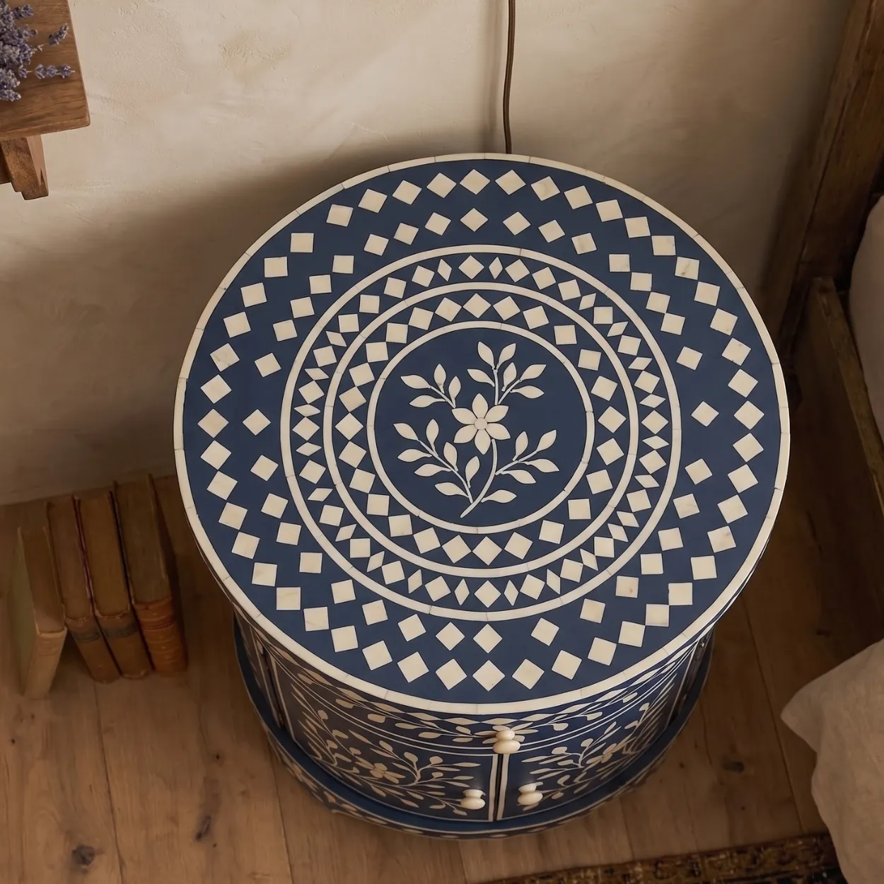 Bone Inlay Navy Blue Round Bedside Cabinet - Image 3
