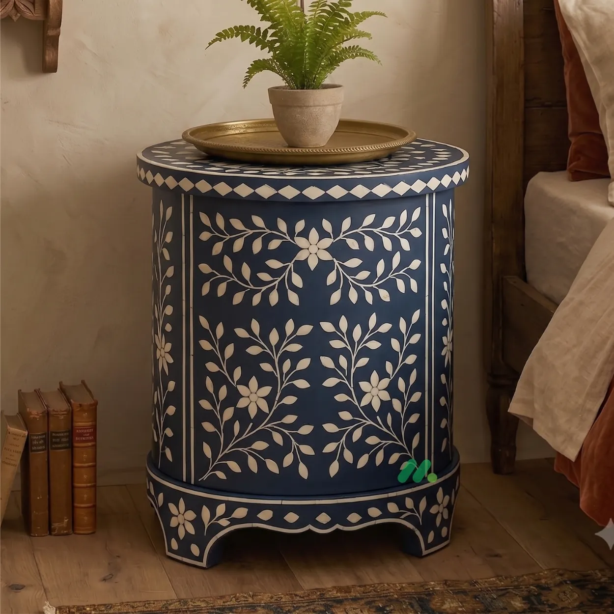 Bone Inlay Navy Blue Round Bedside Cabinet - Image 4