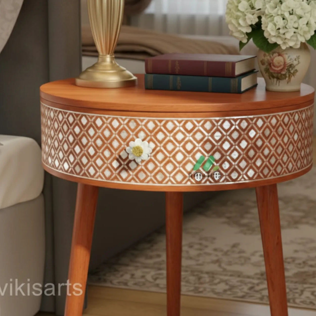 Mother of Pearl Orange Round Bedside table - Image 4