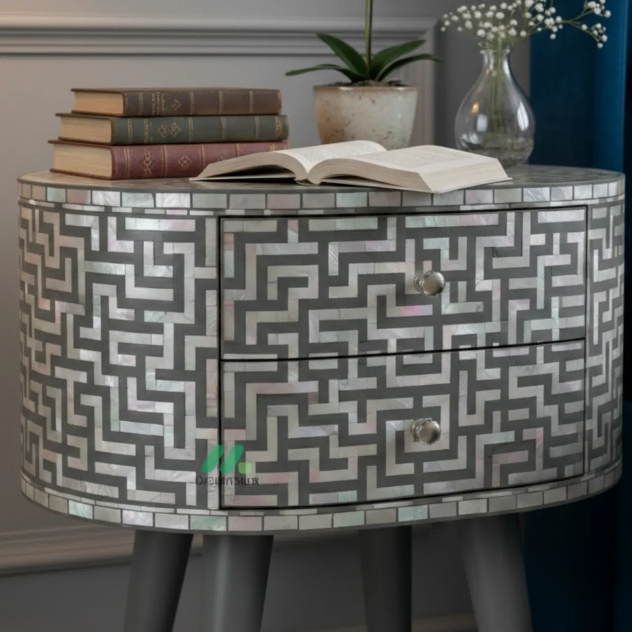 Mother Of Pearl Grey Round Bedside Table - Image 3