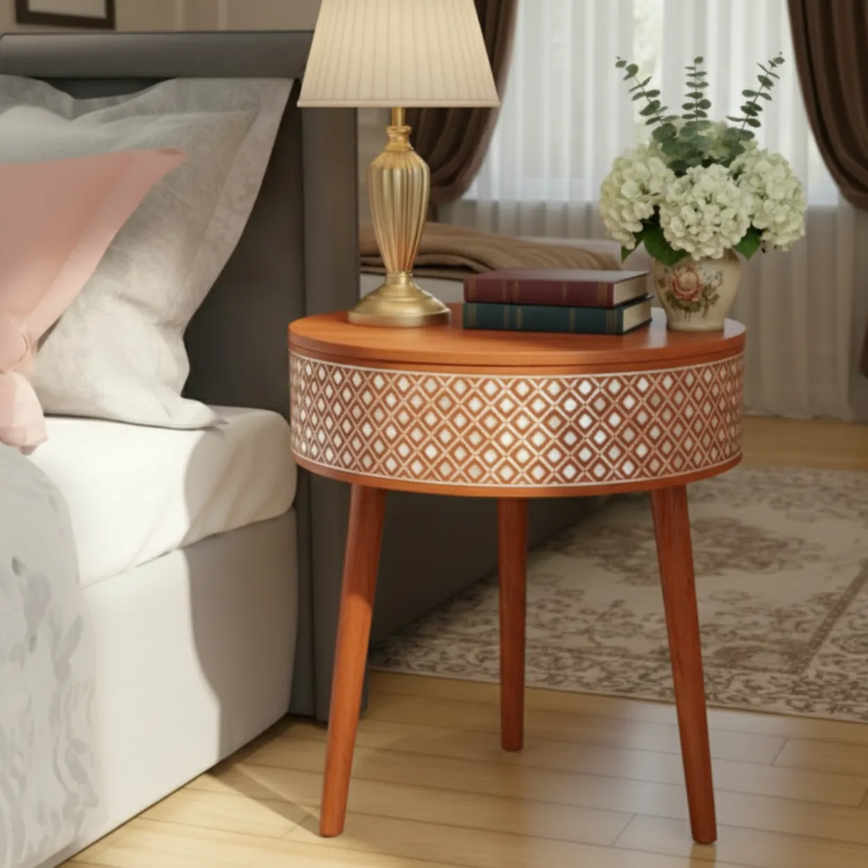 Mother of Pearl Orange Round Bedside table - Image 2