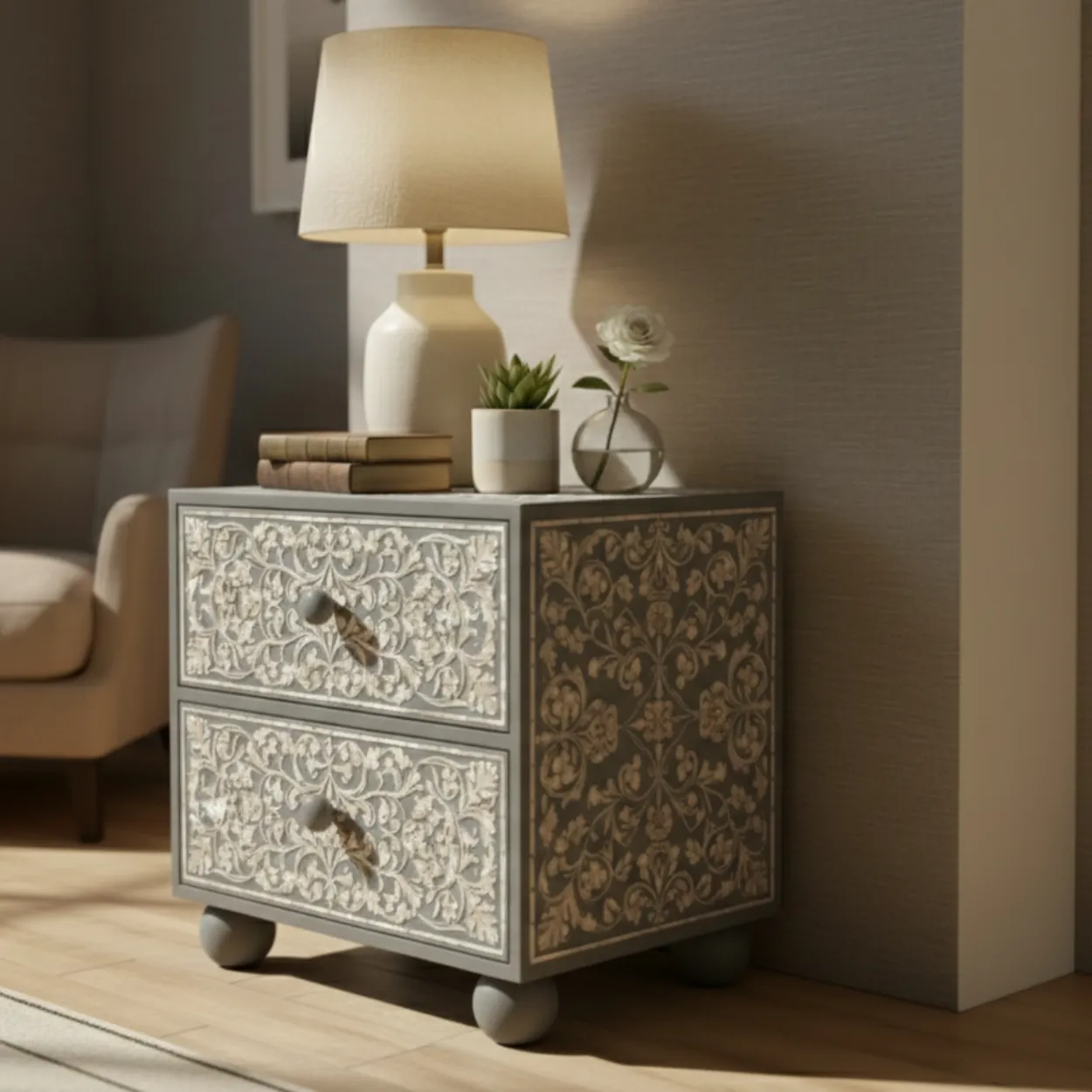 Mother Of Pearl Grey Two Drawer Bedside table - Image 4