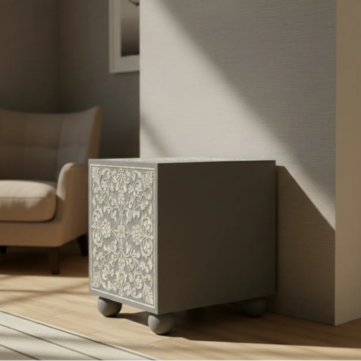 Mother Of Pearl Grey Two Drawer Bedside table - Image 2