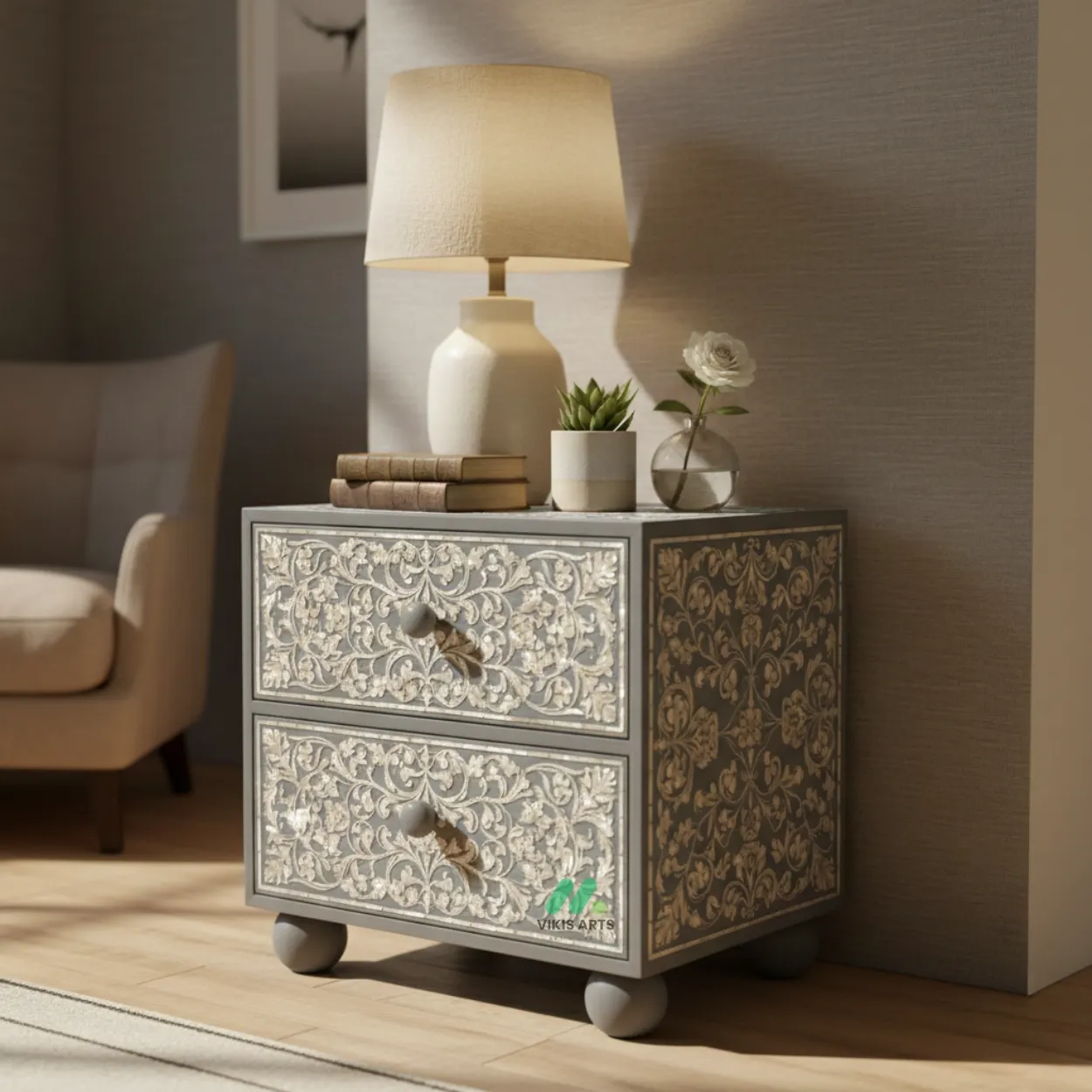 Mother Of Pearl Grey Two Drawer Bedside table