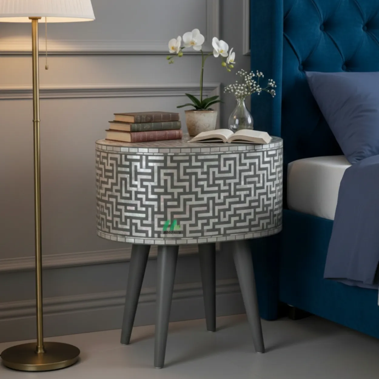 Mother Of Pearl Grey Round Bedside Table - Image 5