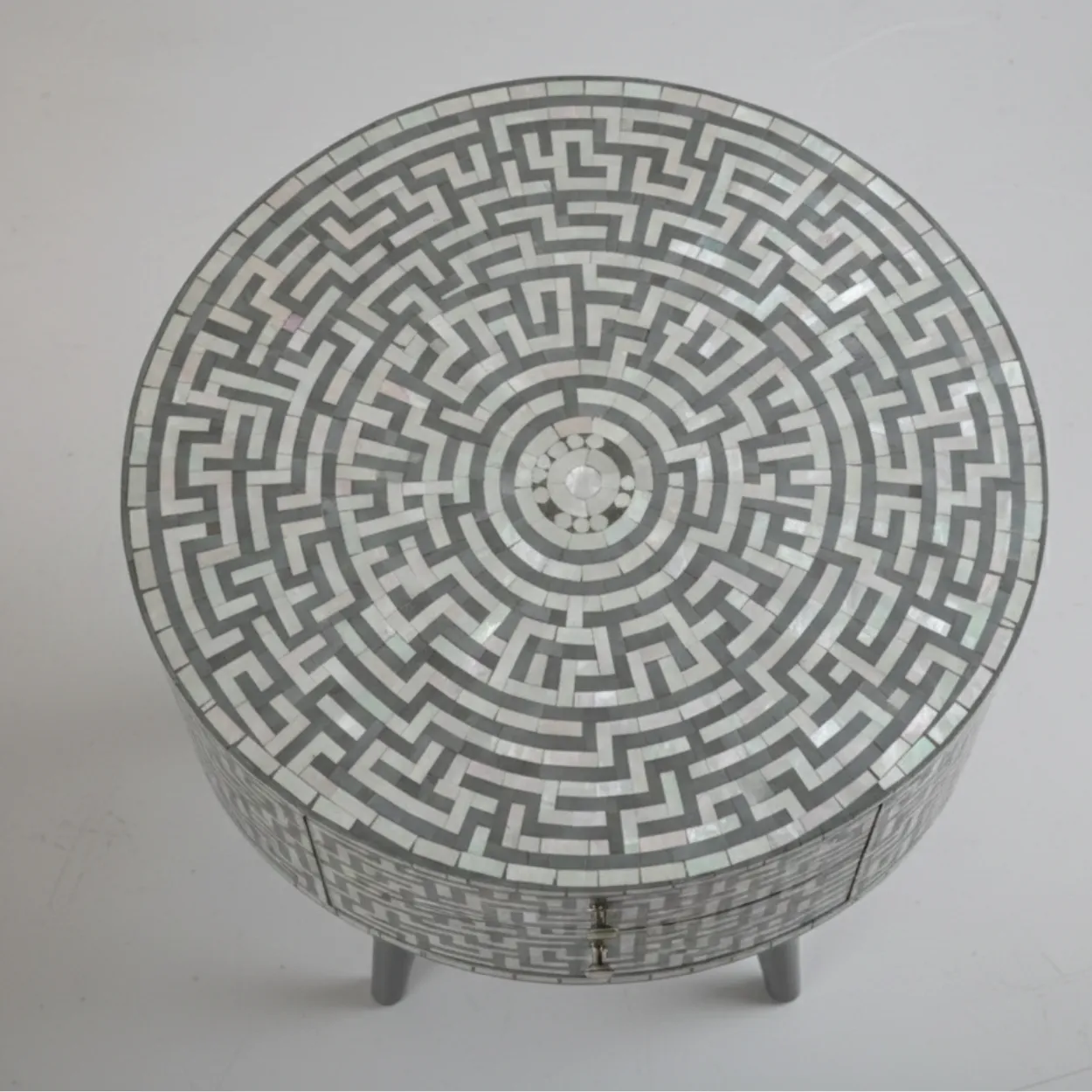 Mother Of Pearl Grey Round Bedside Table - Image 2
