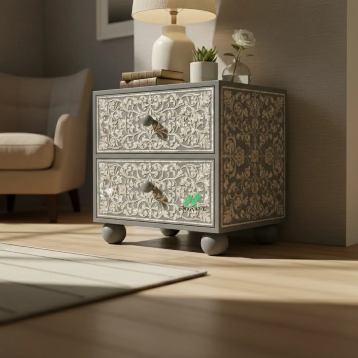 Mother Of Pearl Grey Two Drawer Bedside table - Image 3