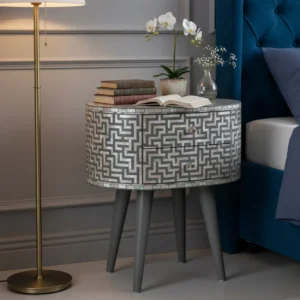 Mother Of Pearl Grey Round Bedside Table