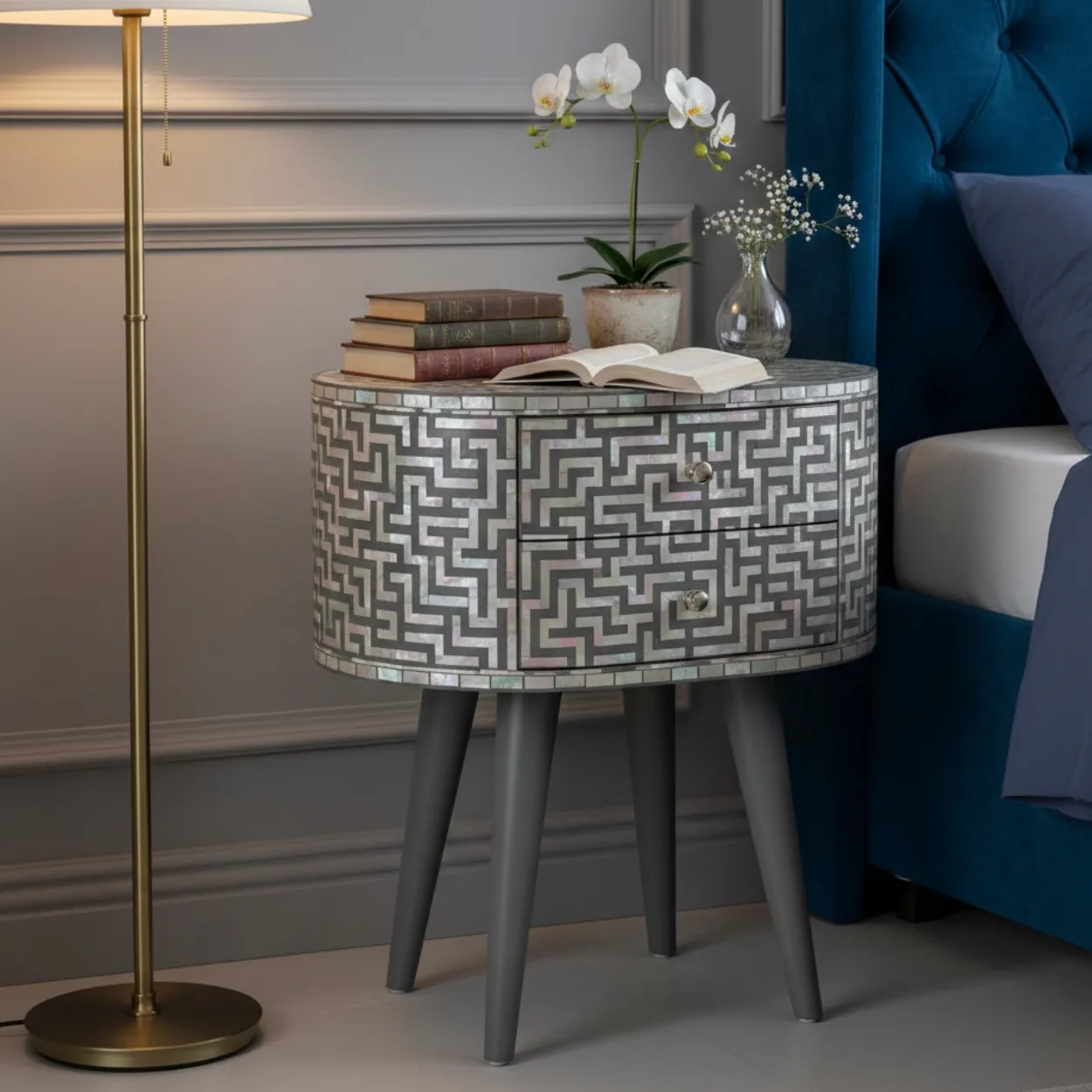 Mother Of Pearl Grey Round Bedside Table