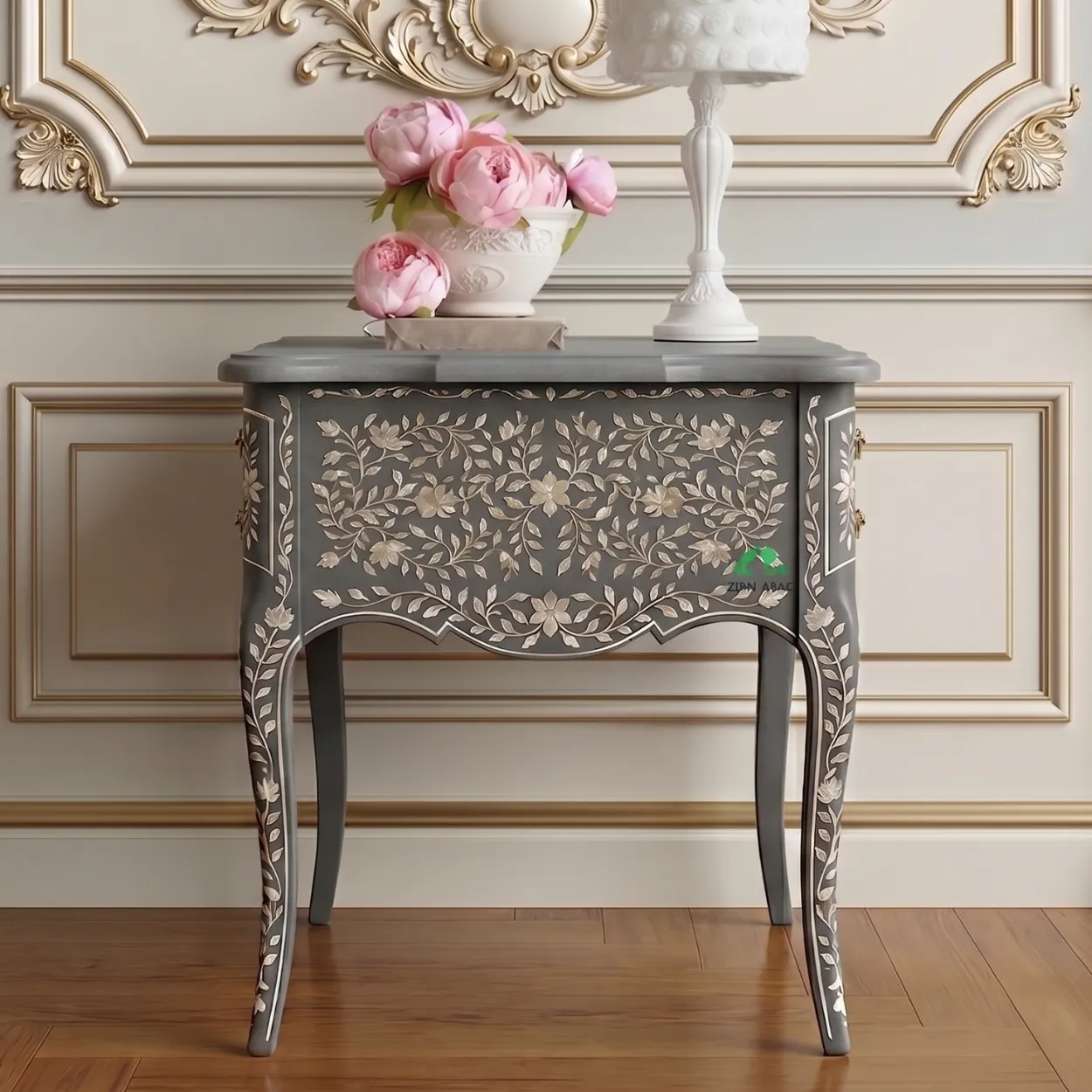Mother Of Pearl Grey Bedside Table With two Drawer - Image 4