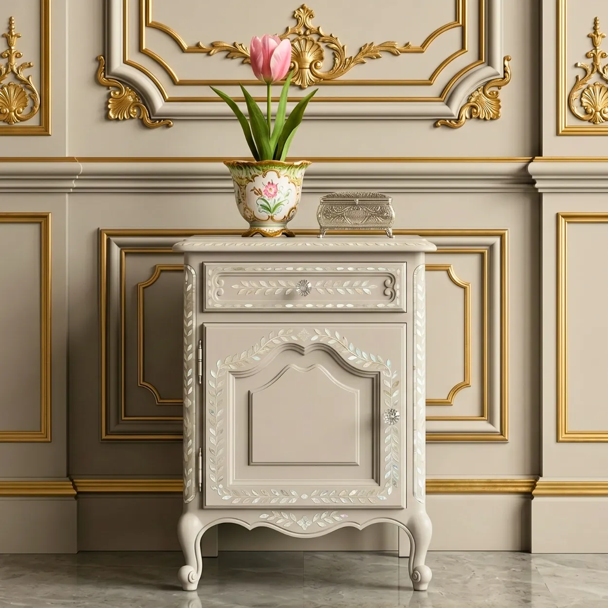 Mother Of Pearl Grey Bedside Cabinet