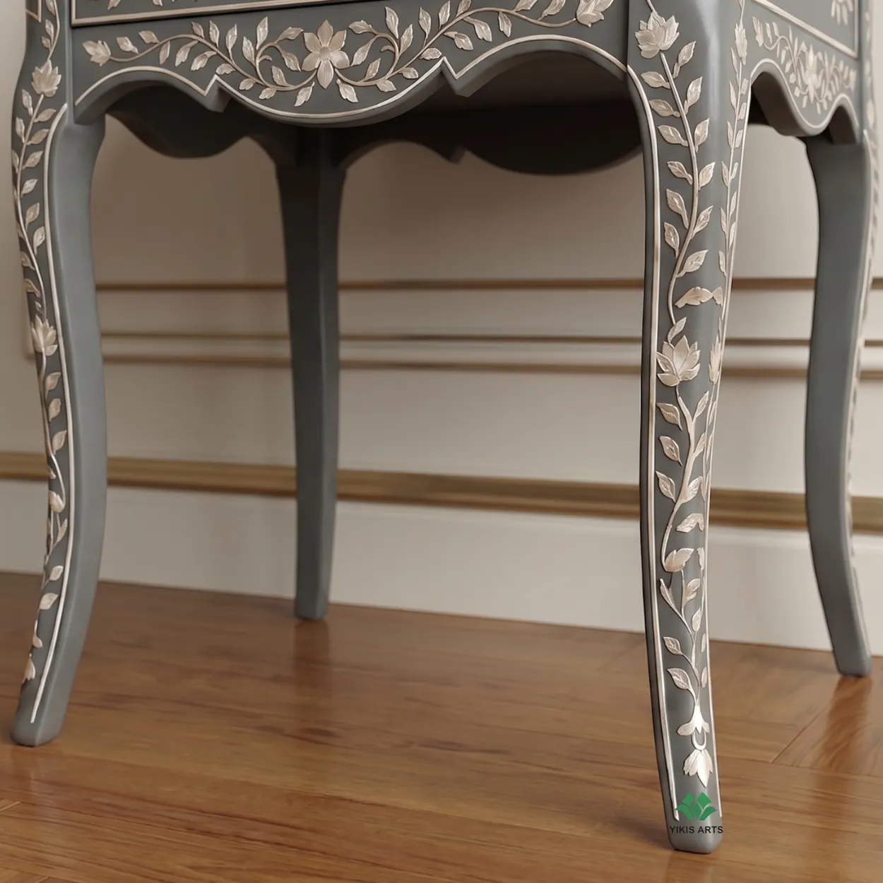 Mother Of Pearl Grey Bedside Table With two Drawer - Image 7