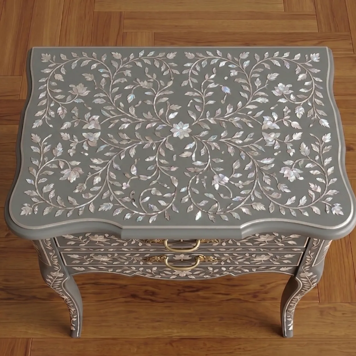 Mother Of Pearl Grey Bedside Table With two Drawer - Image 3